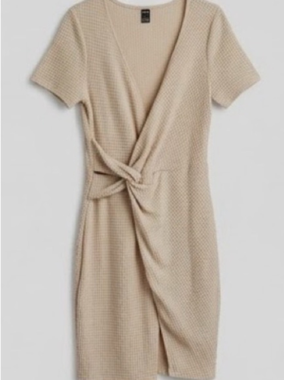 SHEIN Beige Waffle Knit Twist-Front Short Sleeve Dress